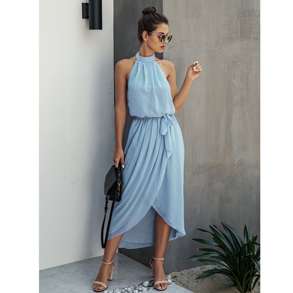 Rouge! Dresses & Skirts - Halter Top Belted Asymmetrical Blue Midi Dress